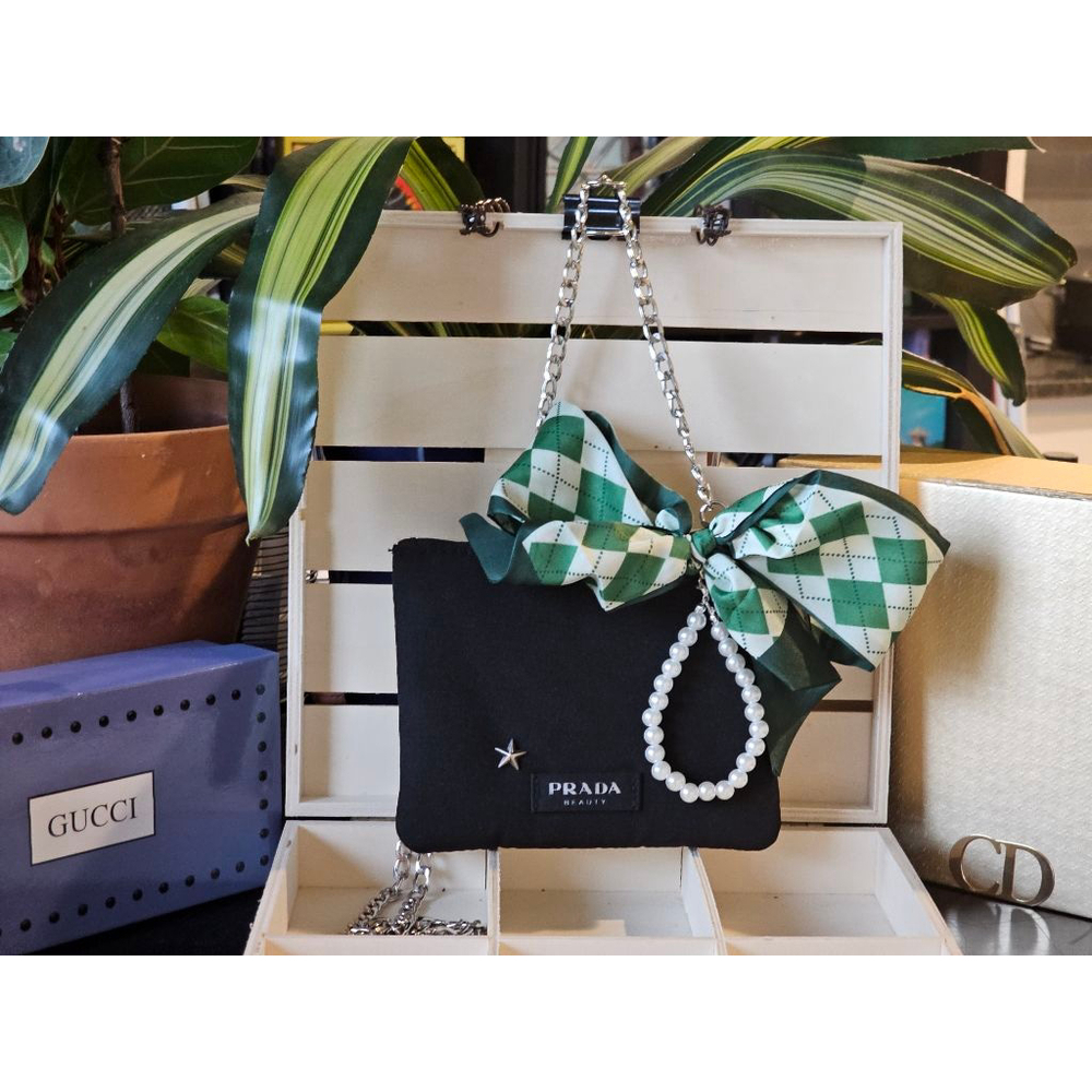 Prada Mint Green/Black Duo Clutches w/Crossbody, Star/Pearl Charm & Twilly Added